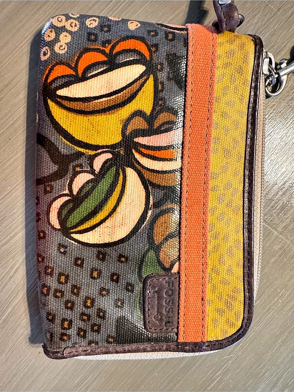 Fossil Key-Per Floral Coated Canvas Wristlet Wallet Yellow & Brown